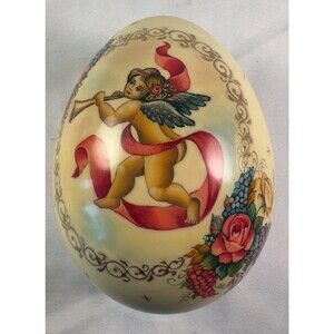Vintage Signed Hand-Painted Wooden Easter Egg 3.5" Cherub Floral Gold Detail